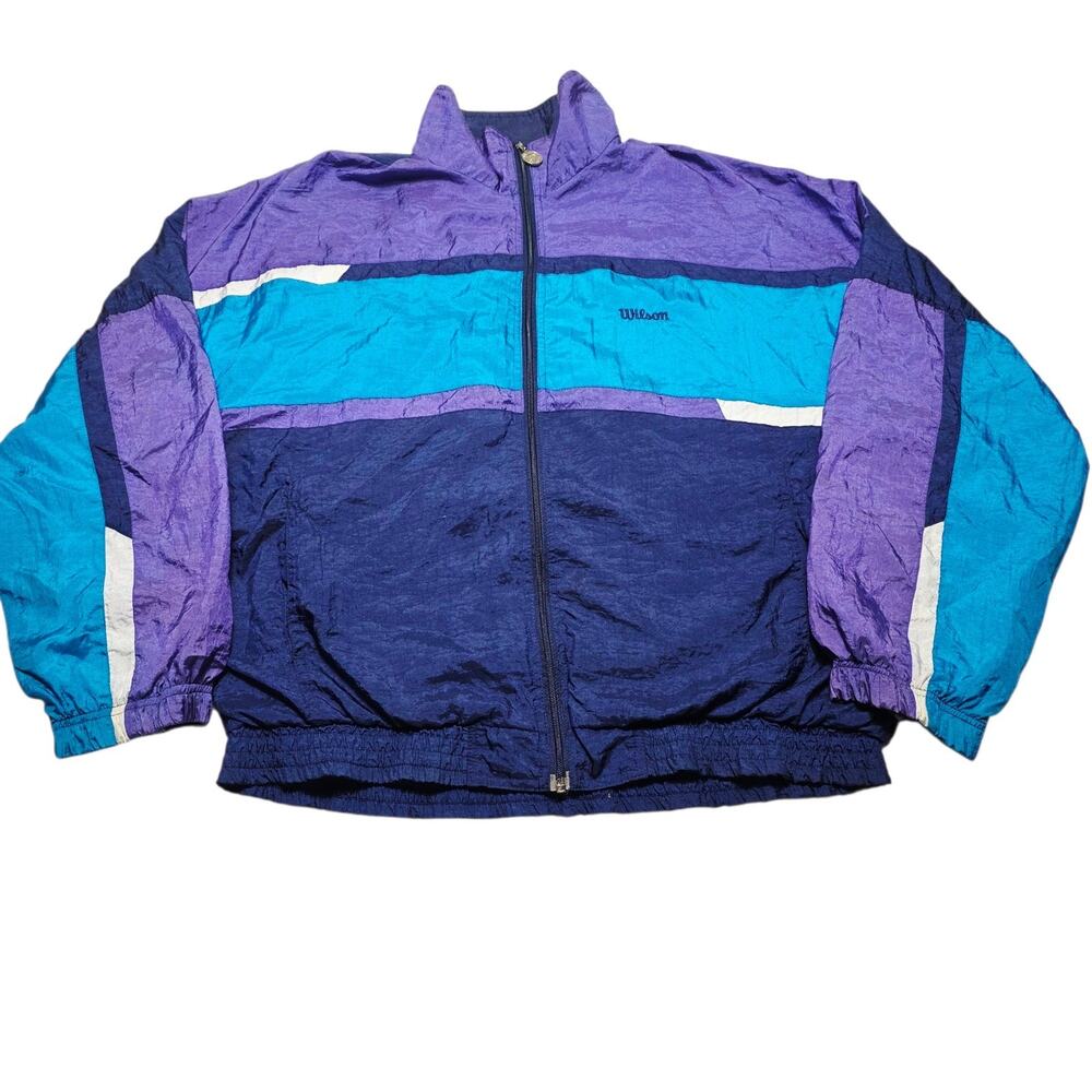 Vintage Wilson Full Zip Colorblock Teal Blue Purple Windbreaker Jacket Large 90s